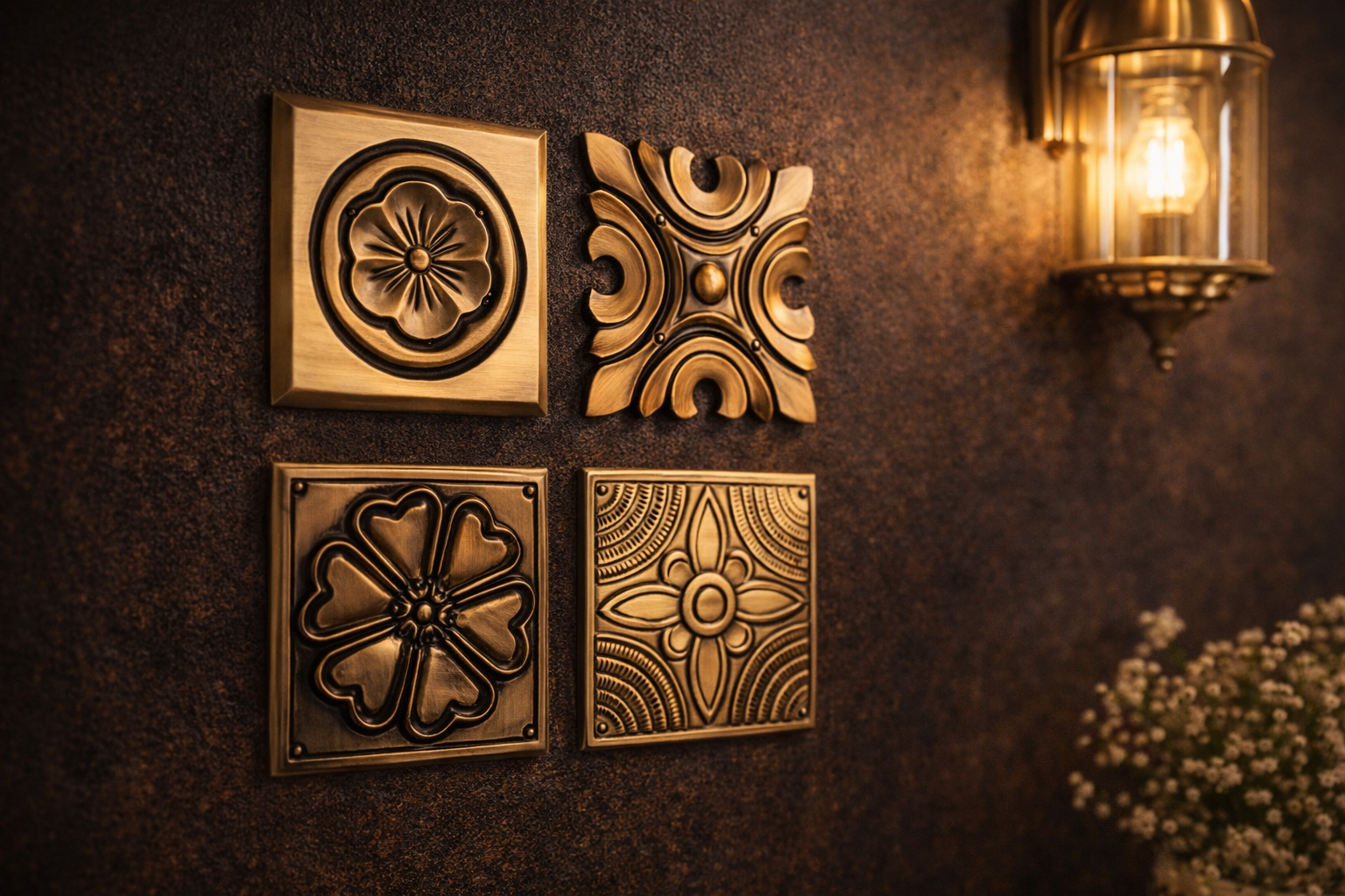 Decorative brass tiles and jali designs